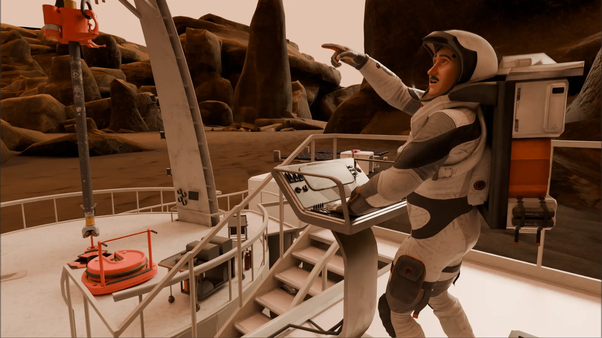 Astronaut operating the Martian drill.