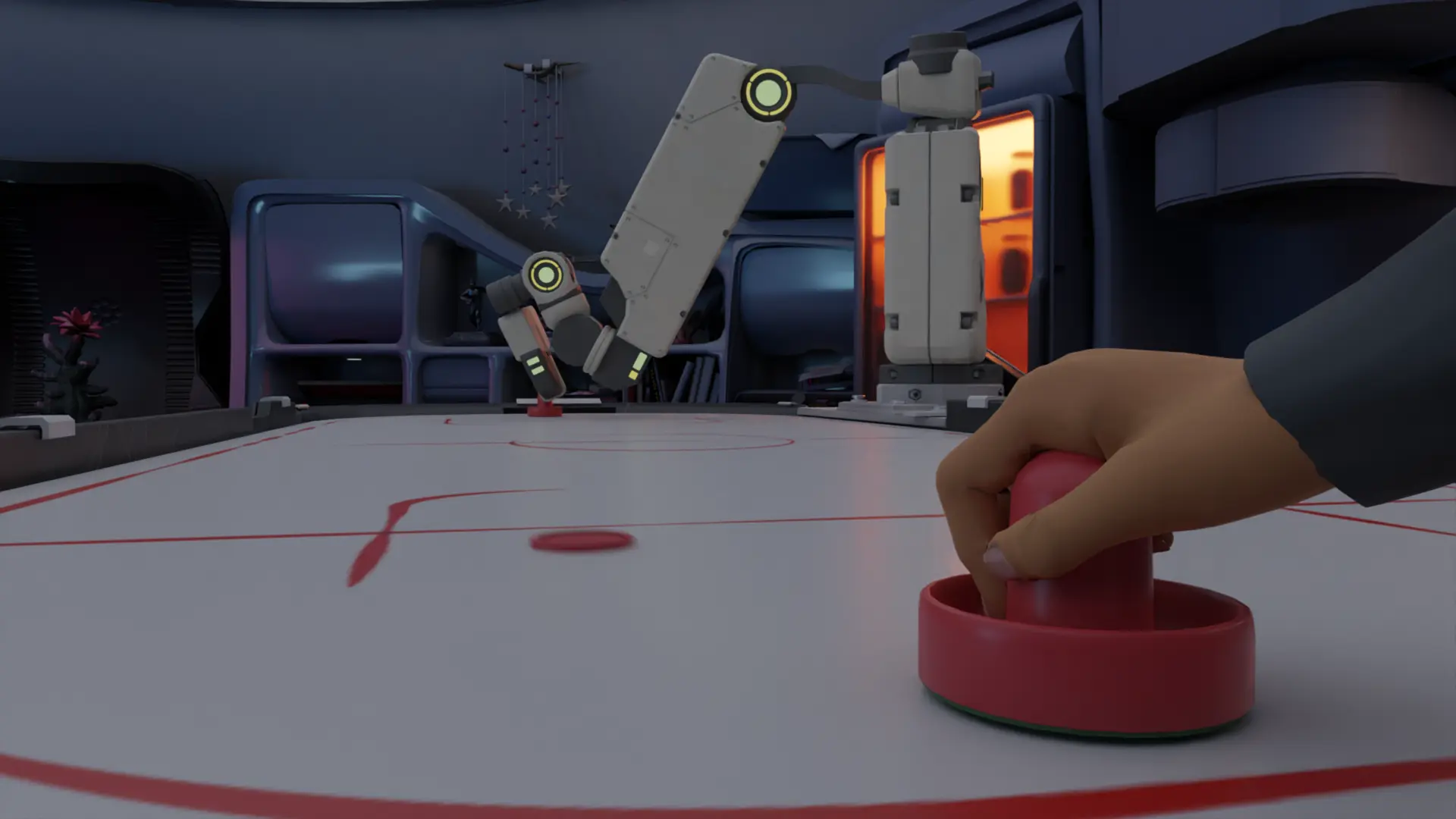 Playing air hockey with a robotic opponent.