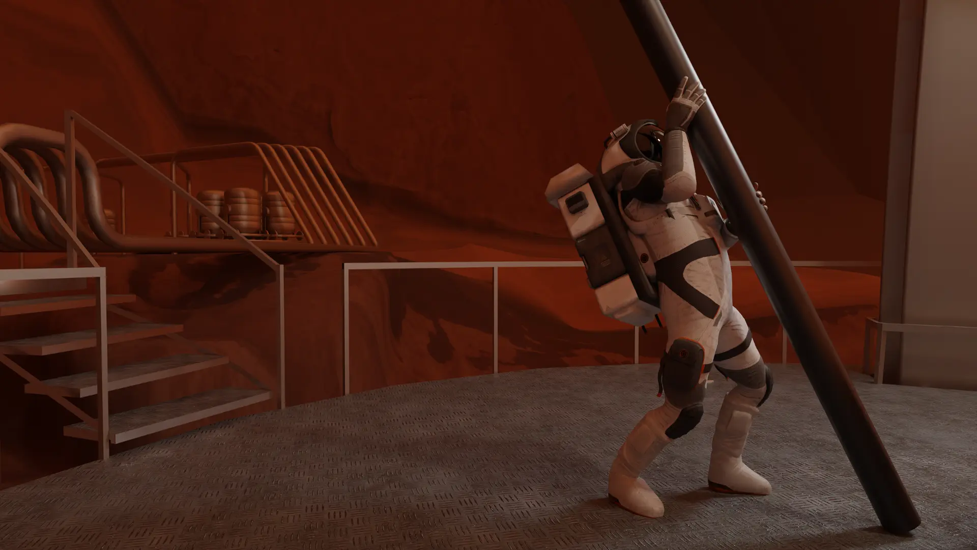 Character working with a drill pipe.